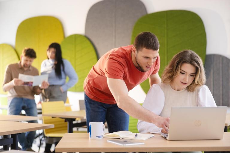 Projektowanie komunikacji produktowej | Studia I stopnia w Łodzi | Uniwersytet WSB Merito Łódź: Dwójka studentów przegląda laptopa.