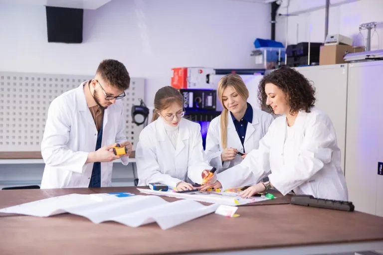 Wyniki wyszukiwania | Uniwersytet WSB Merito Szczecin: Grupa studentów w fartuchach w sali laboratoryjnej