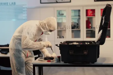 Crime Lab | Uniwersytet WSB Merito we Wrocławiu: Wrocław - kryminologia i kryminalistyka - student na praktycznych zajęciach z użyciem walizki kryminalistycznej