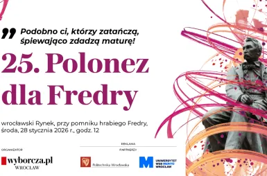 Rekordowy Polonez dla Fredry i ciekawa debata o AI | Aktualności | Uniwersytet WSB Merito we Wrocławiu: Grafika informacyjna promująca Poloneza dla Fredry